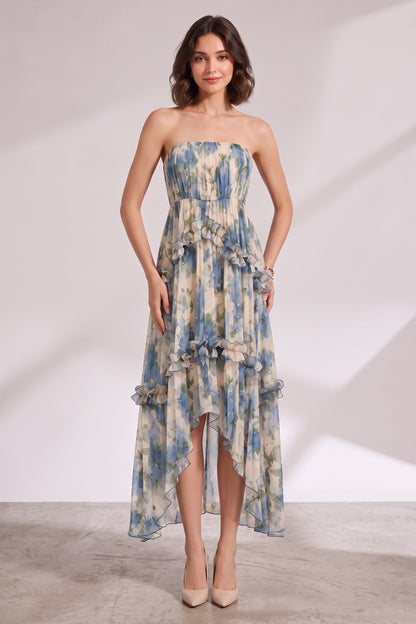 Blue Floral Strapless Tiered Midi Dress Premium Fabric - product view 5