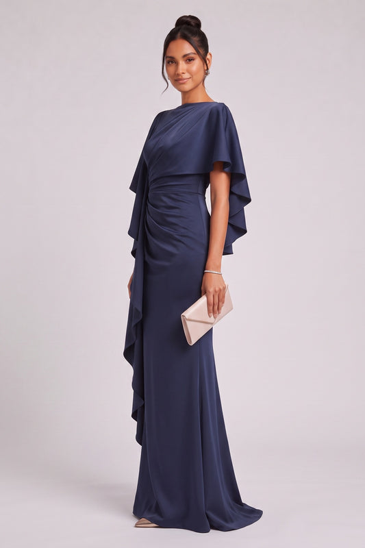 Navy Blue Satin-Crepe Column Evening Gown with Draped Cape Sleeves navy blue satin-crepe evening gown - product view 4
