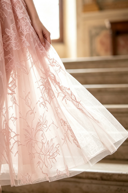 PINK BEADED LACE MIDI DRESS