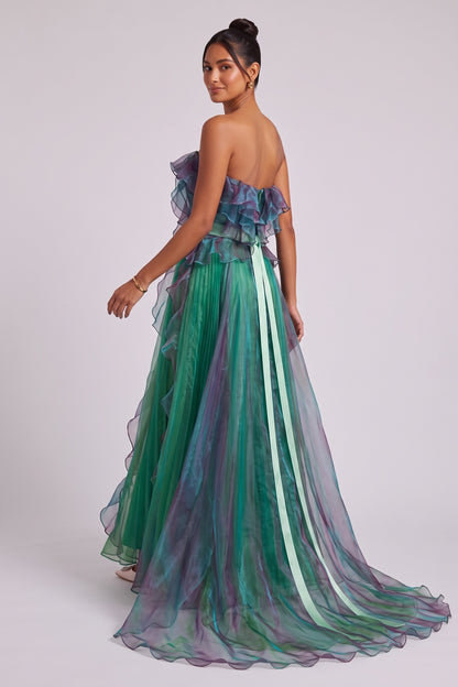 Emerald Green Sheer Organza A-Line Gown with Iridescent Ruffles emerald green, forest green sheer organza gown - product view 4