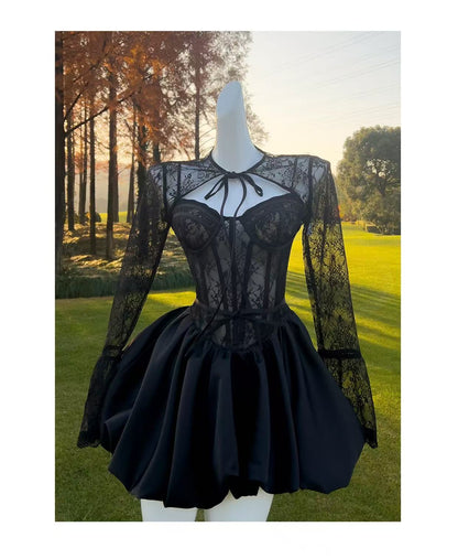 sally lace puffball mini dress in black