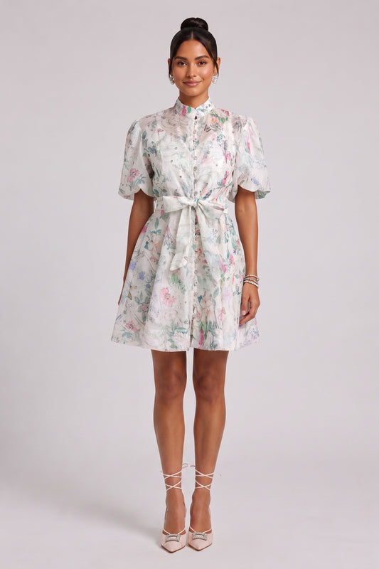 Floral Print Belted Mini Dress Premium Fabric - product view 3
