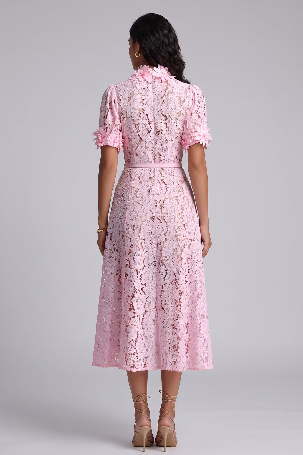 Pink Floral Lace A-Line Midi Dress pink floral lace dress - product view 3