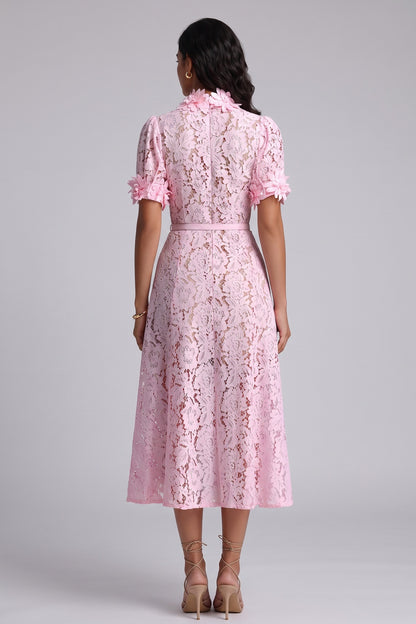 Pink Floral Lace A-Line Midi Dress pink floral lace dress - product view 3
