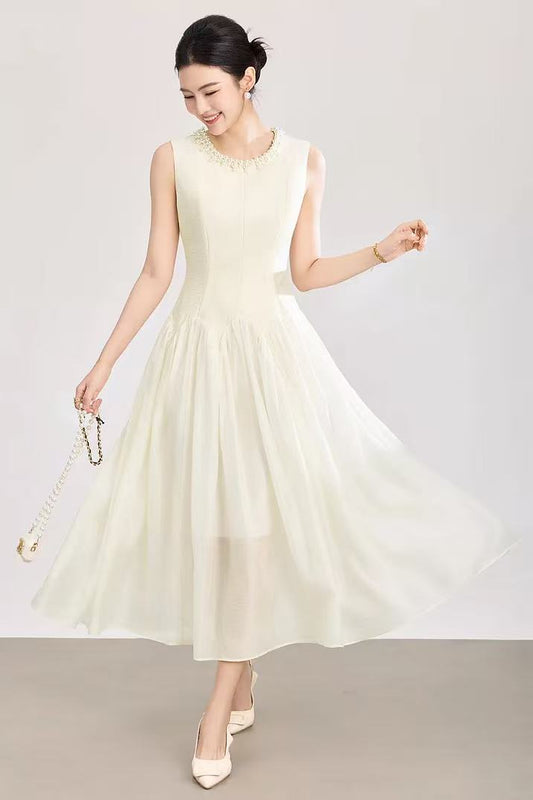 Sleeveless Midi Dress with Tulle Skirt and Pearl Embellished Collar - Ivoire