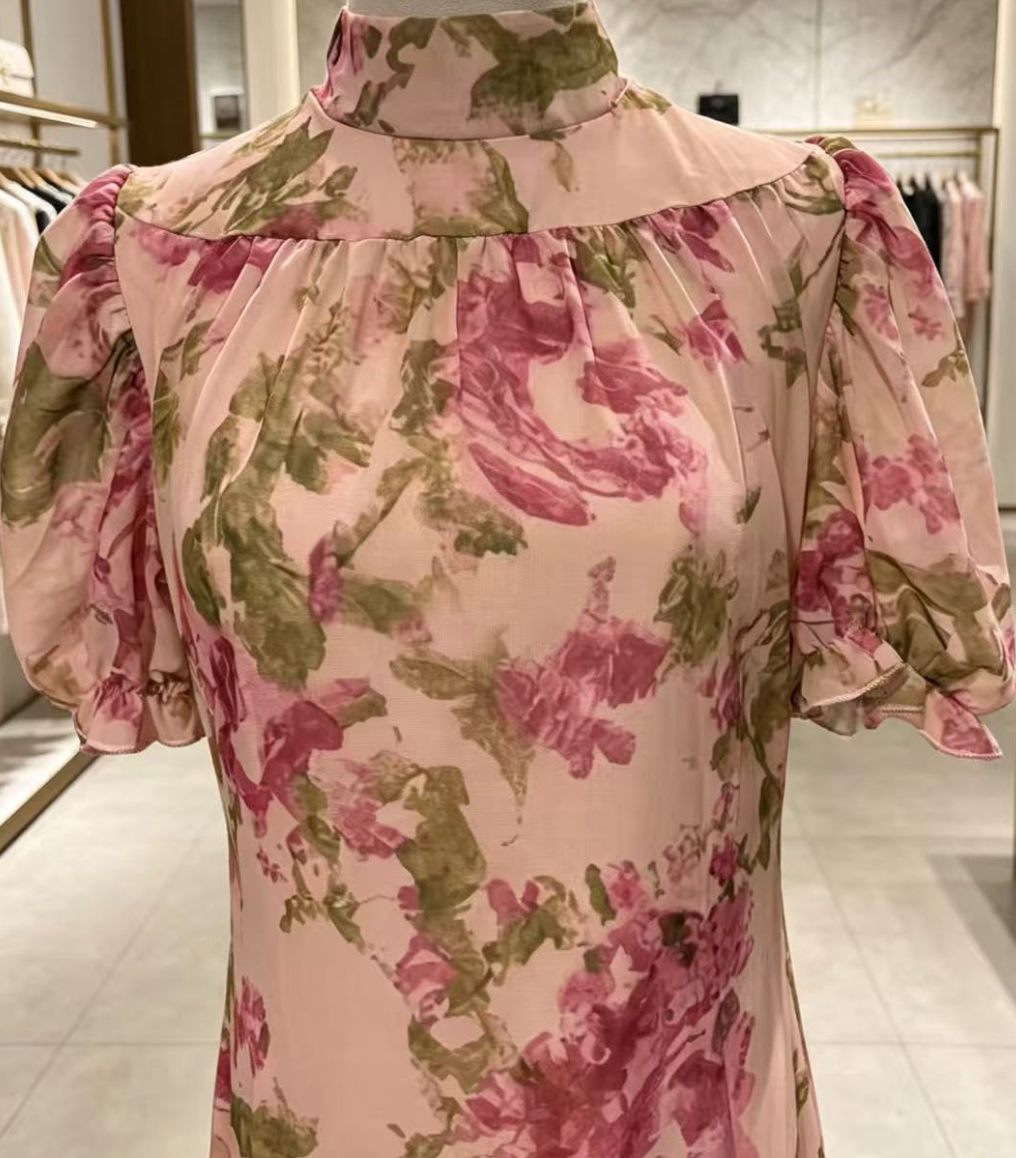 Beige Chiffon Mermaid Dress with Floral Print and Puff Sleeves
