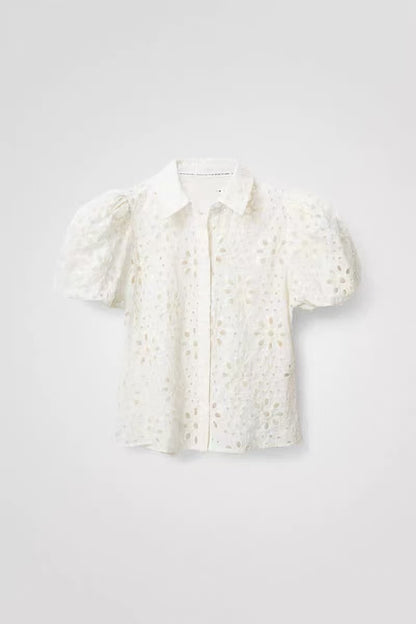White Eyelet Embroidered Puff Sleeve Open Shirt