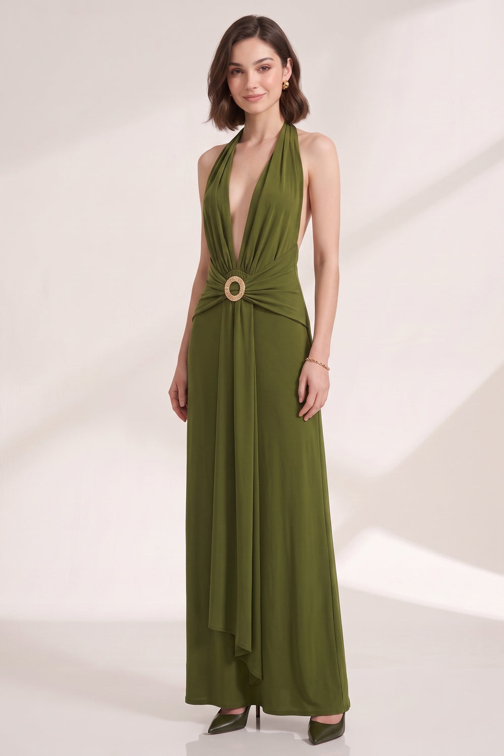 Olive Green Fluid Jersey Column Dress olive green fluid jersey dress - product view 4