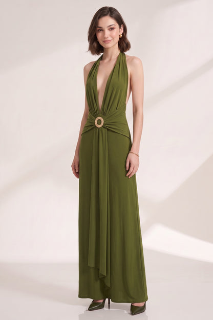 Olive Green Fluid Jersey Column Dress olive green fluid jersey dress - product view 4