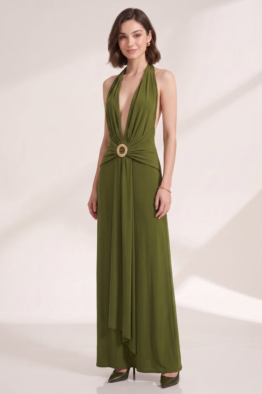 Olive Green Fluid Jersey Column Dress olive green fluid jersey dress - product view 4