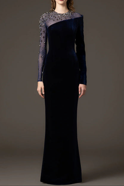 riva crystal patchwork Velvet Column maxi Dress in dark blue