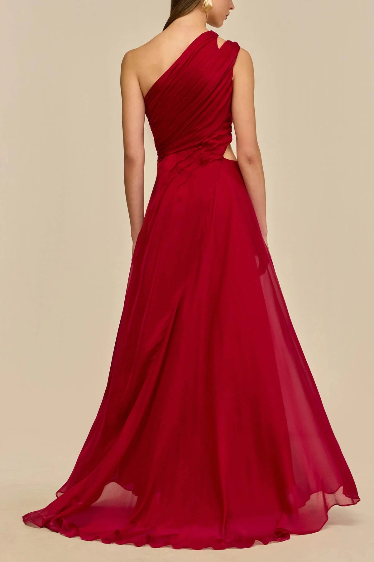 agatha one shoulder draped high slit silk gown in red