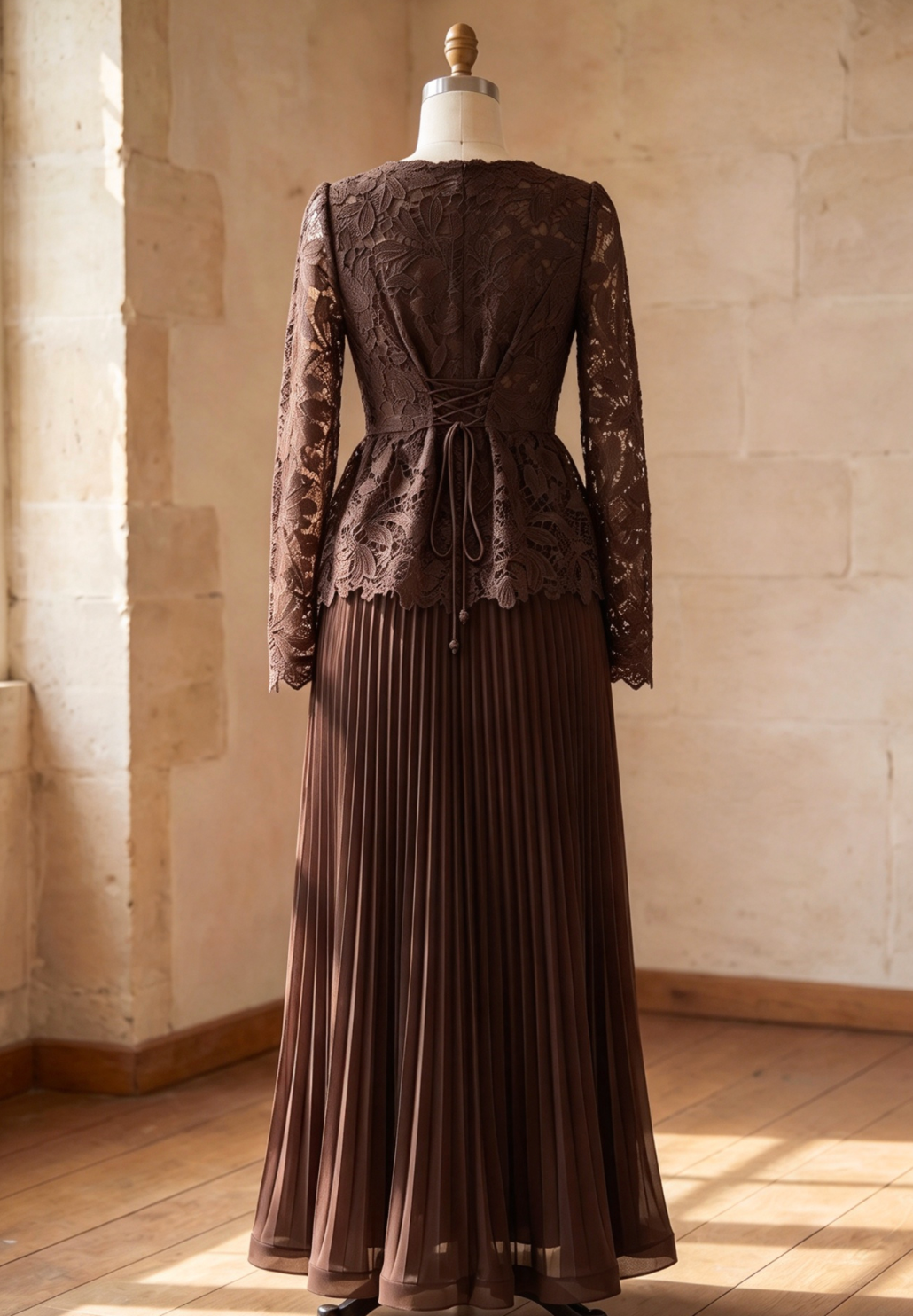 Dark Brown Guipure Lace Peplum Top & Pleated Maxi Skirt Two-Piece Set