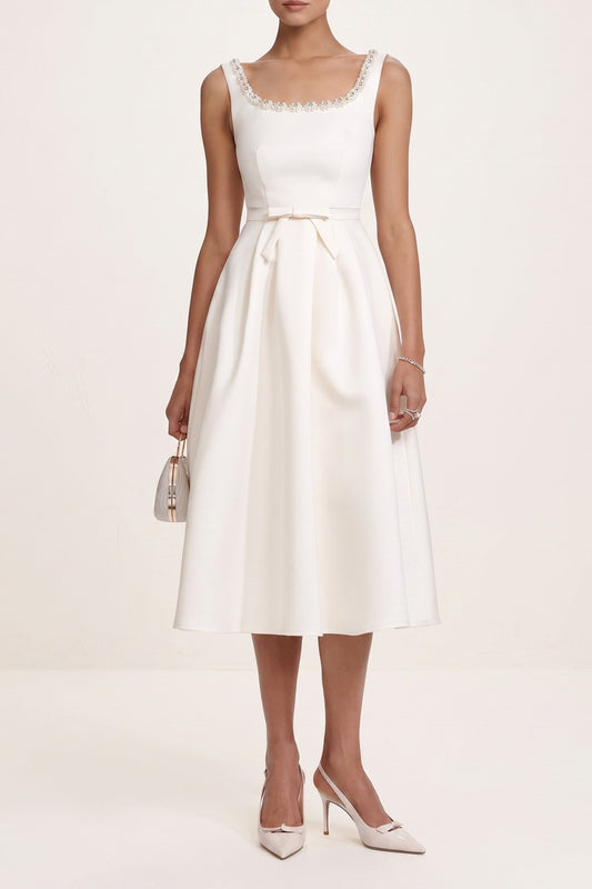 Crystal Trim Square Neck Sleeveless Bow Waist A-Line Midi Dress