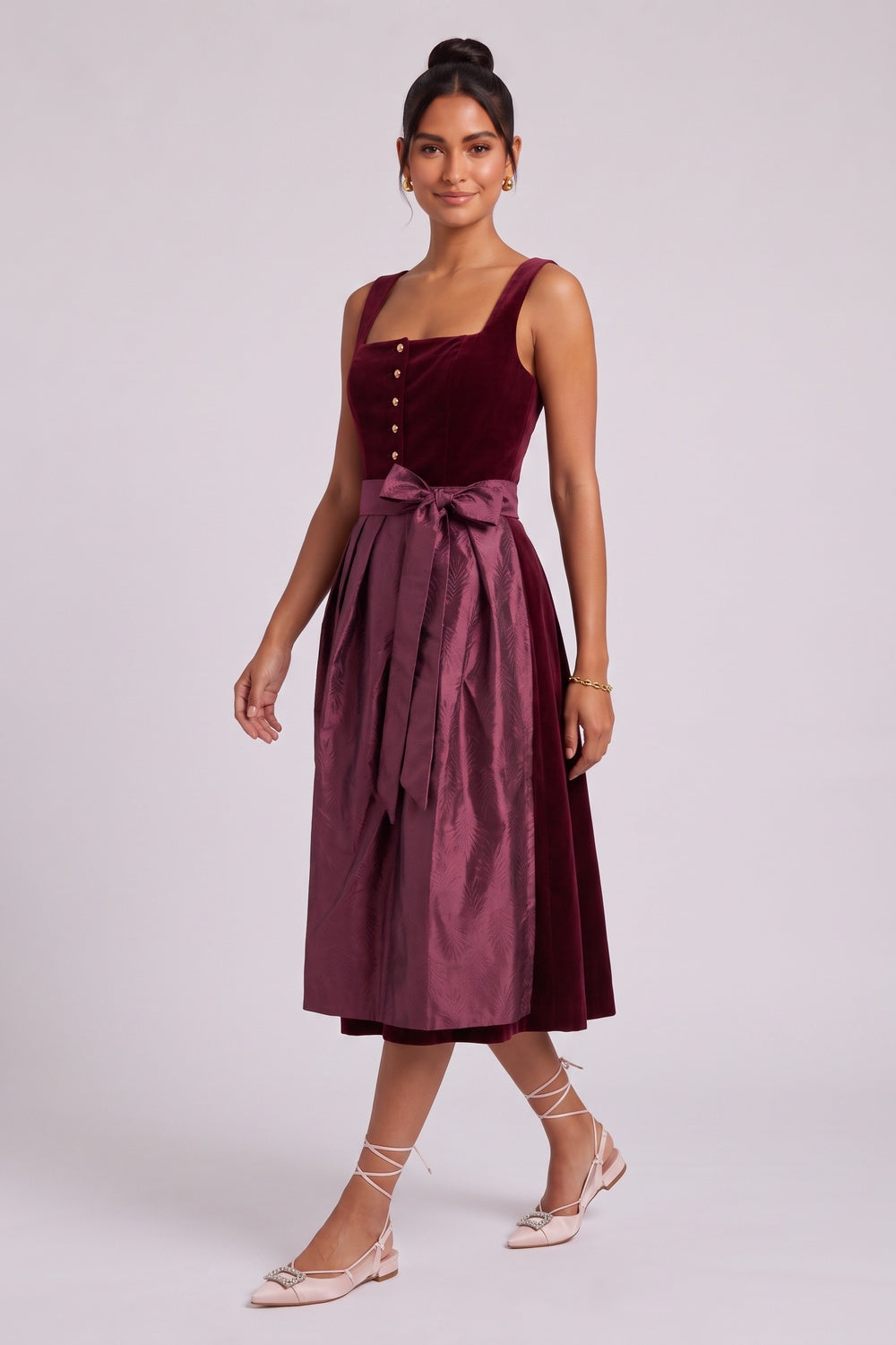 Burgundy Velvet A-line Dirndl dress with apron Burgundy Velvet Dirndl dress with apron - product view 4