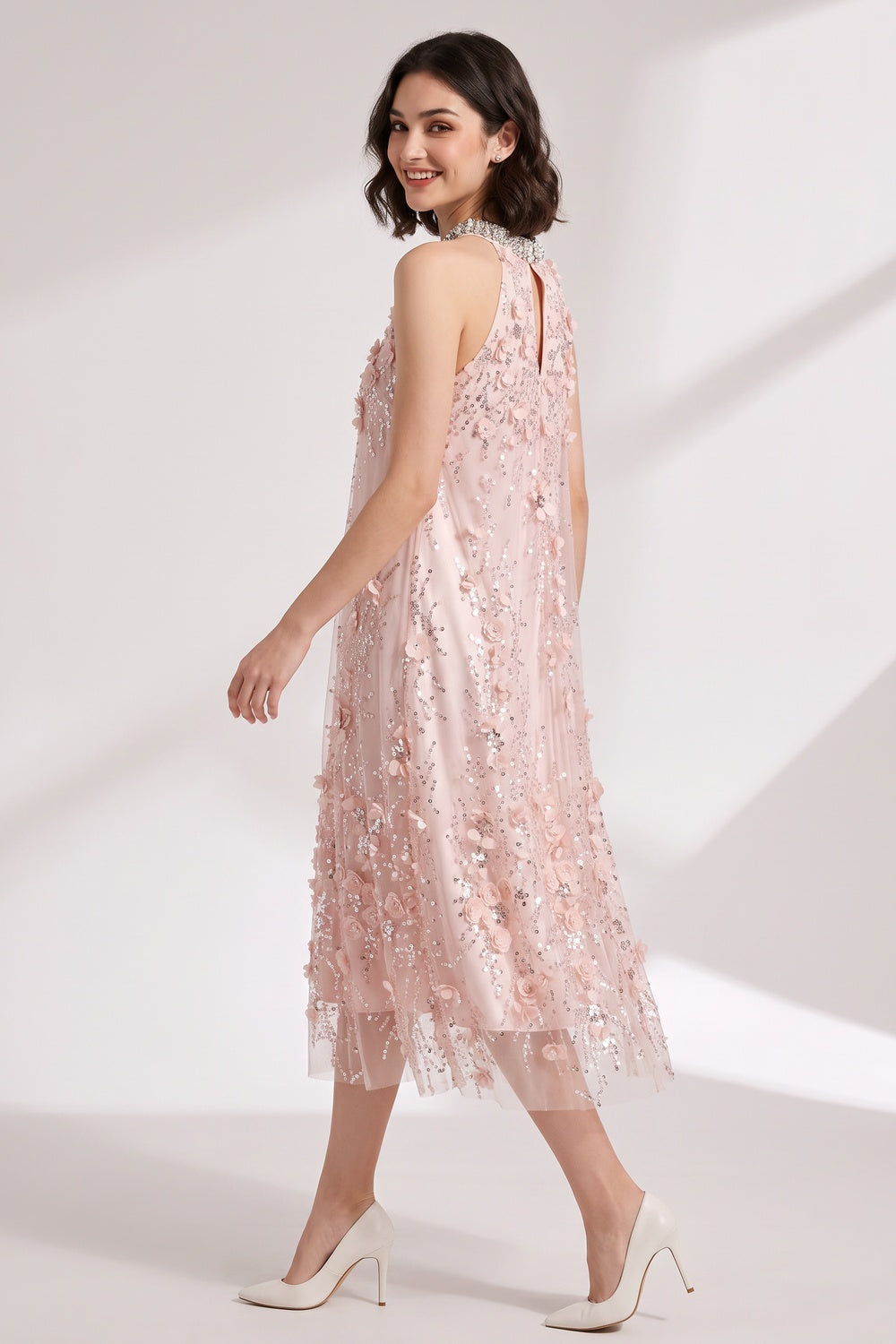 Blush Pink Tulle Mesh A-Line Shift Dress with Floral Embellishment blush pink tulle mesh dress - product view 1