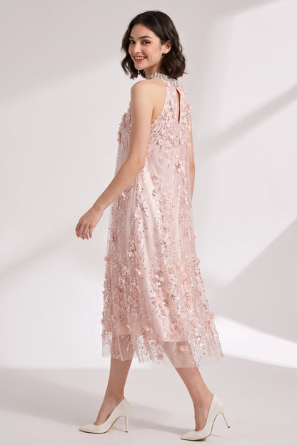 Blush Pink Tulle Mesh A-Line Shift Dress with Floral Embellishment blush pink tulle mesh dress - product view 1