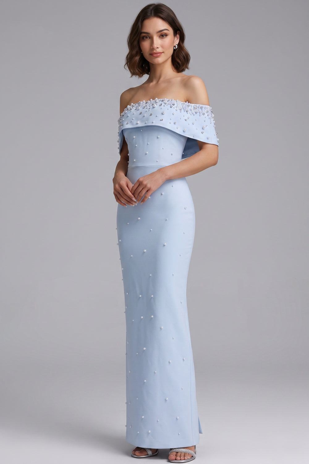 Light Blue Structured Crepe Column Gown with Pearl Embellishments light blue structured crepe gown - product view 1