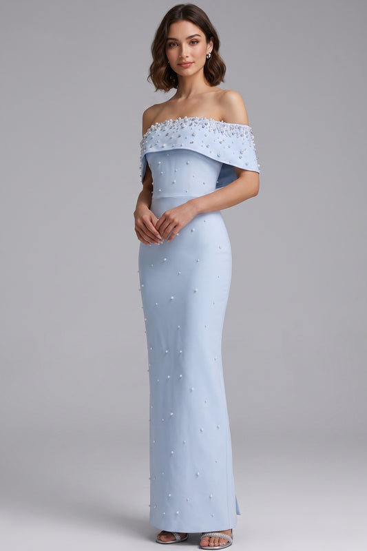 Light Blue Structured Crepe Column Gown with Pearl Embellishments light blue structured crepe gown - product view 1