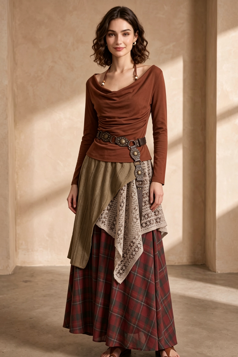 rust brown stretch jersey knit (top) fitted top with flared, multi-layered skirt two-piece set