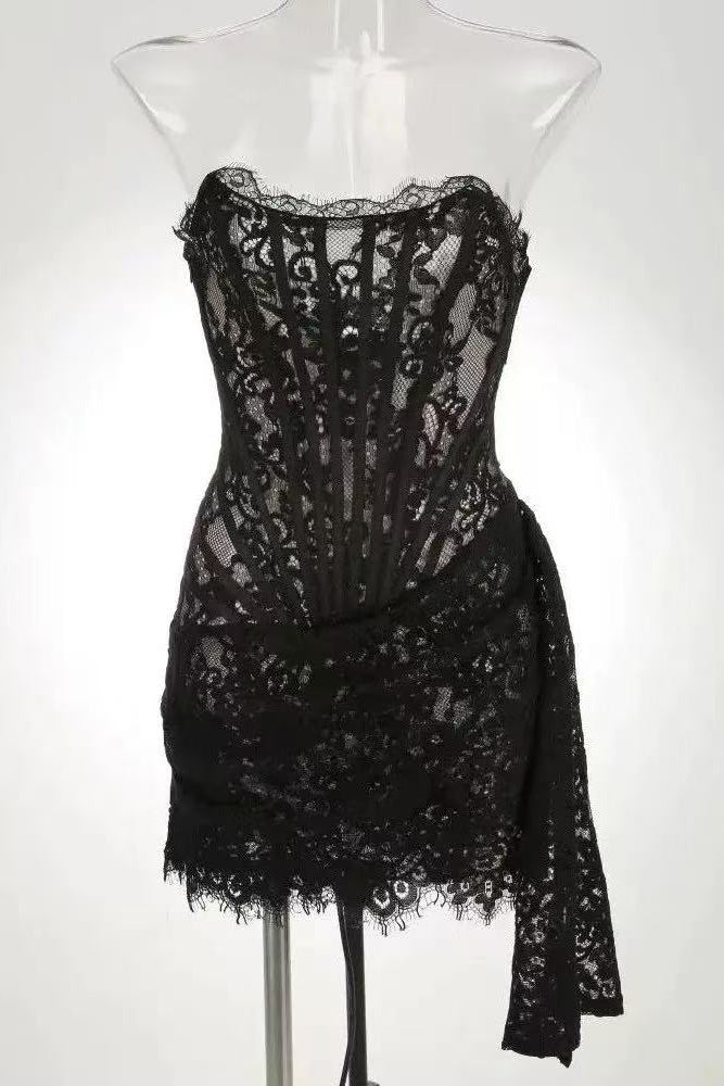 Sleeveless Rich Lace Mini Dress - Black
