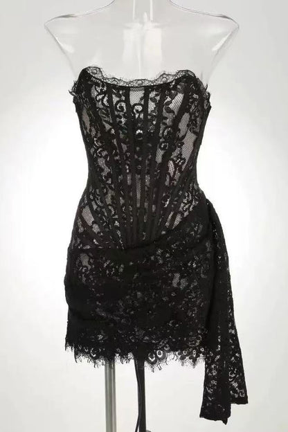 Sleeveless Rich Lace Mini Dress - Black