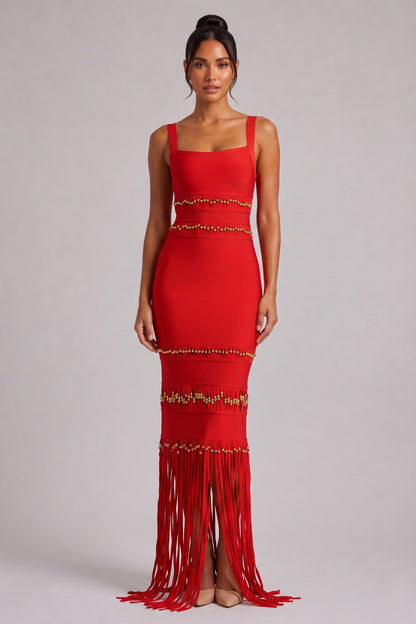 Red Fringe Maxi Dress with Gold Bead Detailing Premium Fabric - product view 4