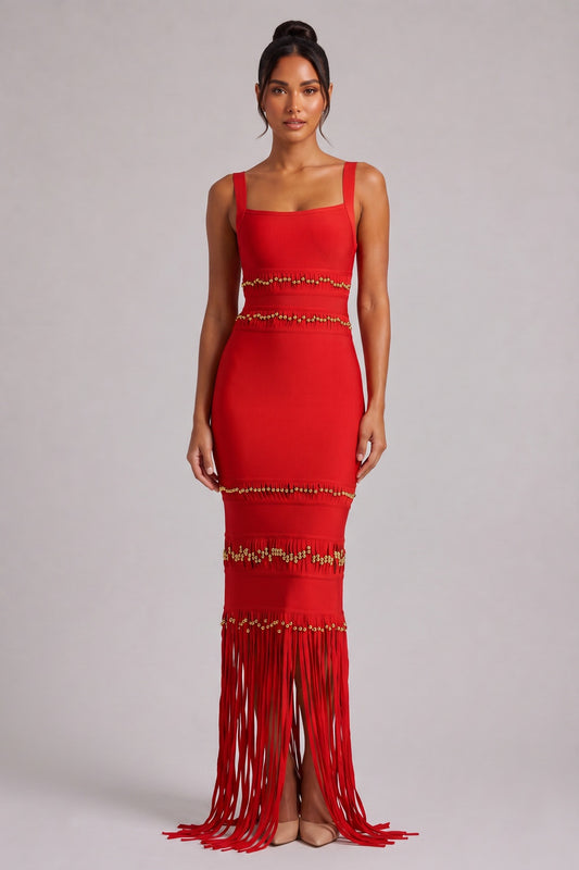 Red Fringe Maxi Dress with Gold Bead Detailing Premium Fabric - product view 4