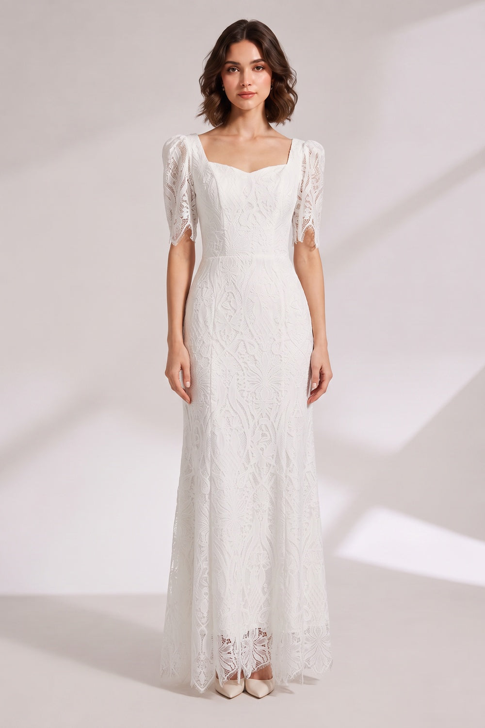 White Lace Floor-Length Dress with Puff Sleeves Premium Fabric - product view 3