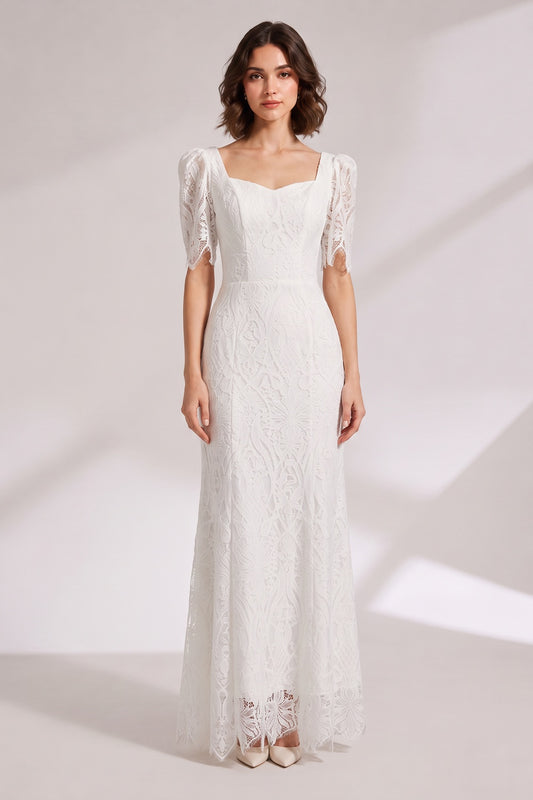 White Lace Floor-Length Dress with Puff Sleeves Premium Fabric - product view 3