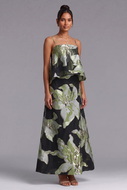 Black Metallic Floral Jacquard Two-Piece Set with Cropped Trapeze Top and Maxi Skirt black metallic floral jacquard two-piece matching set - product view 2