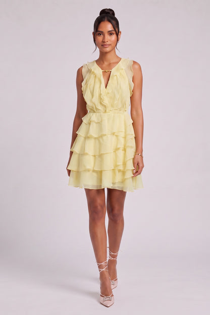 Pastel Yellow Chiffon Fit-and-Flare Mini Dress pastel yellow chiffon dress - product view 3