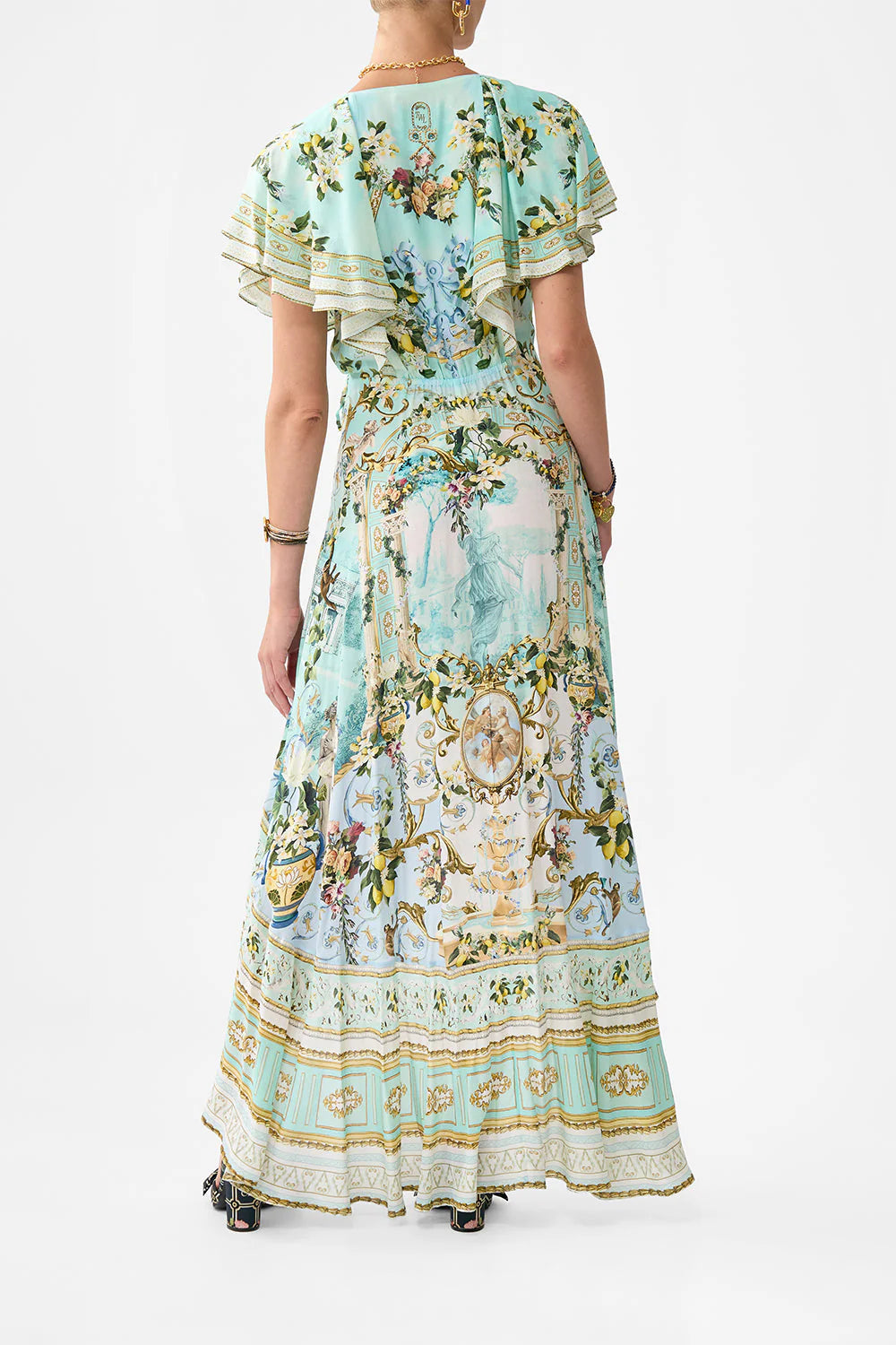 green-multi Printed ruffled V-neck irregular hem silk maxi dress