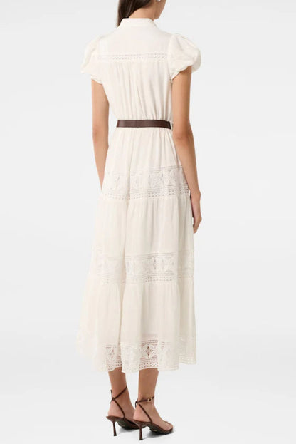 White adelaide lace Belted Trim Midi Dress