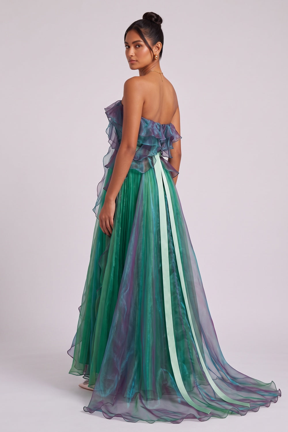 Emerald Green Sheer Organza A-Line Gown with Iridescent Ruffles emerald green, forest green sheer organza gown - product view 2