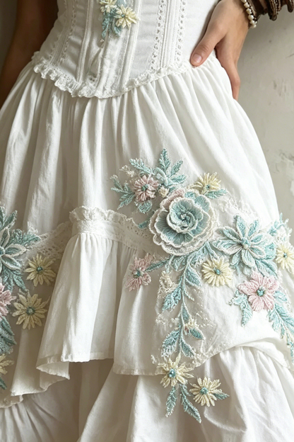 Corset-Style Embroidery Lace Trim Tiered Midi Dress