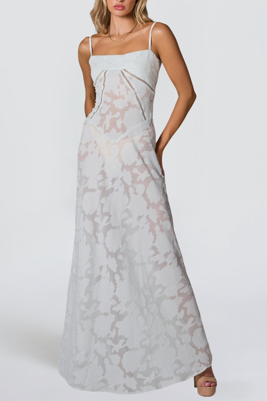 Floral Lace Back Maxi Dress -White