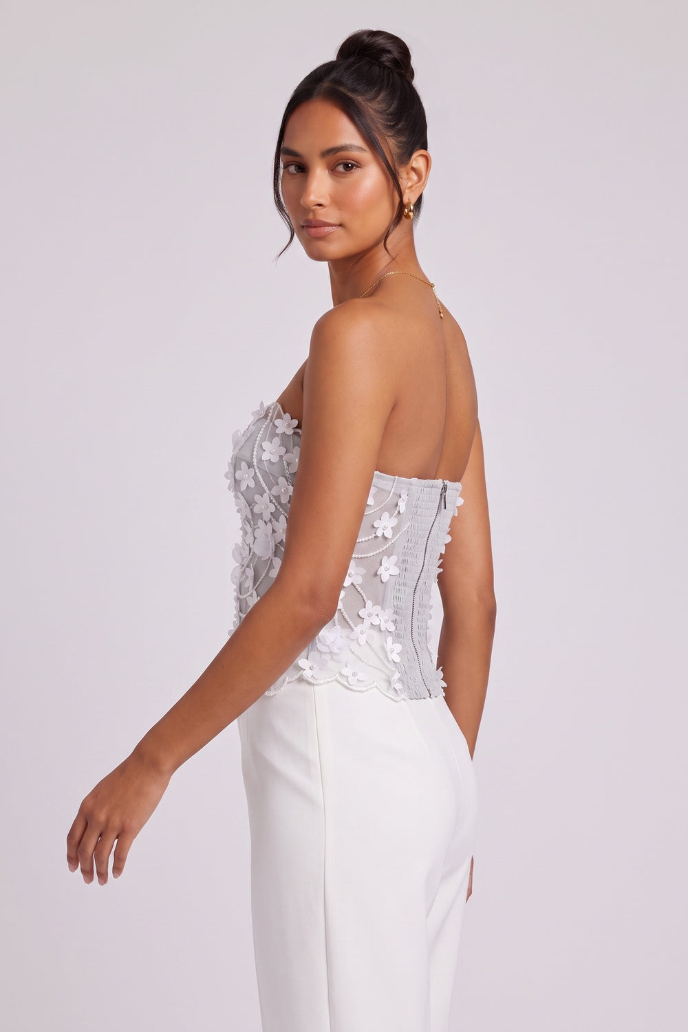 Light Grey Mesh Structured Corset Top with Floral Appliqué light grey mesh corset top - product view 2