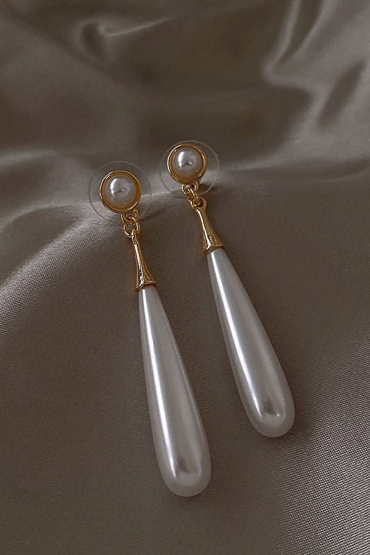 Small Round Pearl Top Teardrop Pearl Long Drop Gold Earrings
