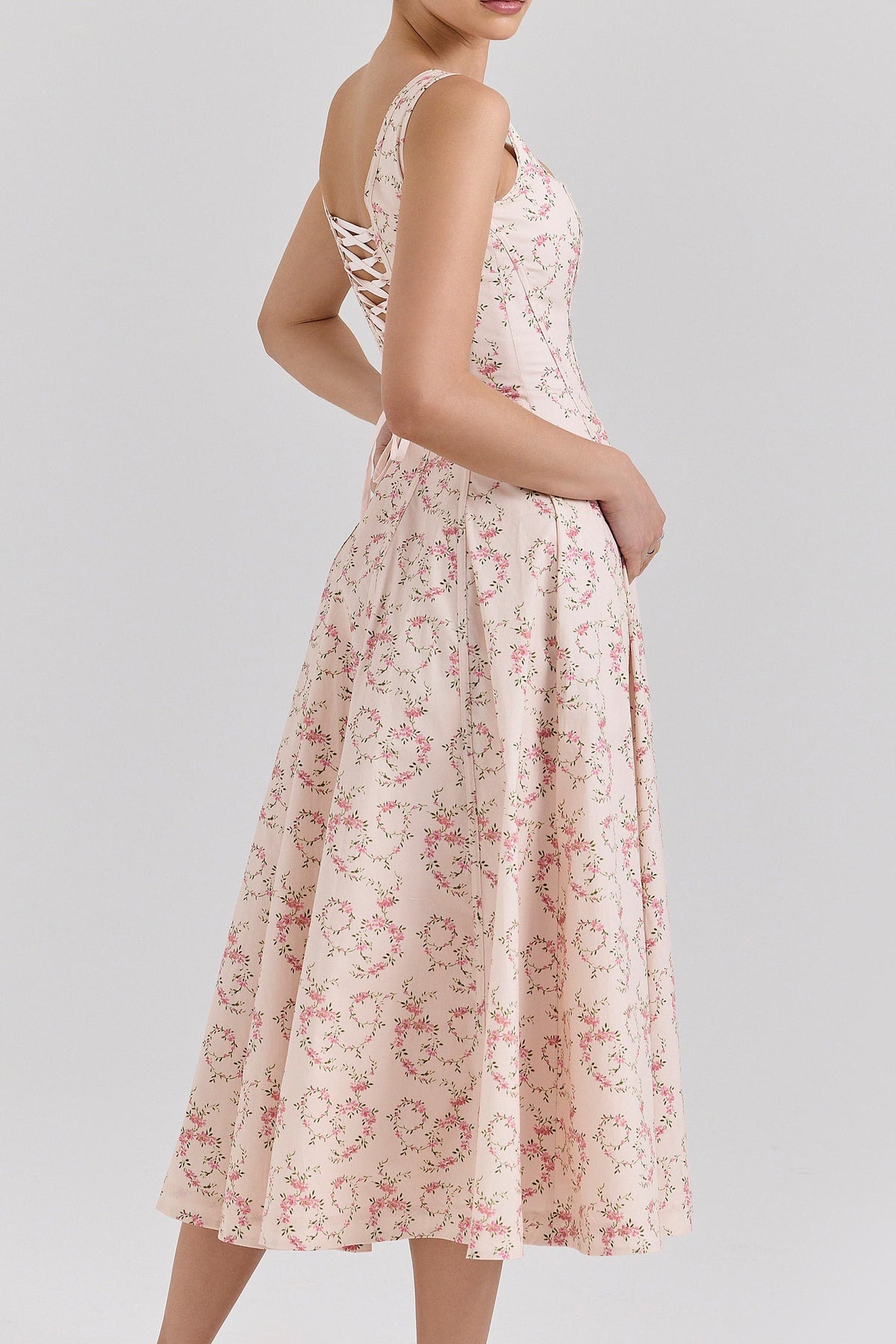 gemma Floral Cream Lace-Up Stretch Cotton Midi Dress