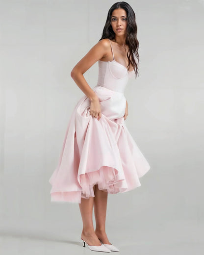 Satin Corset Tulle Layered A-Line Midi Dress - Baby Pink