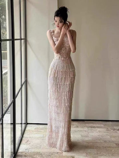 Opala Sleeveless Flowers Diamond Tassels Maxi Dress