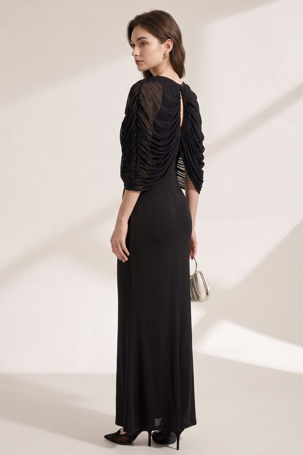 Black Matte Jersey Column Evening Gown with Draped Capelet black matte jersey evening gown - product view 1