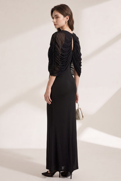 Black Matte Jersey Column Evening Gown with Draped Capelet black matte jersey evening gown - product view 1