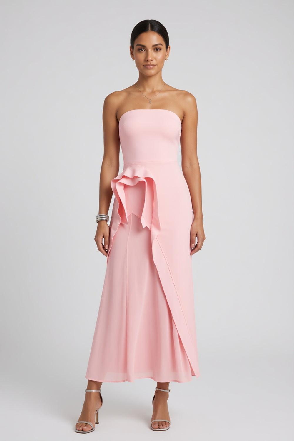 Light Pink Smooth structured fabric bodice Fitted bodice with A-line flared skirt Dress Light Pink Smooth structured fabric bodice, fluid skirt fabric Dress - product view 1