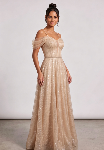 champagne gold glitter tulle a-line evening gown
