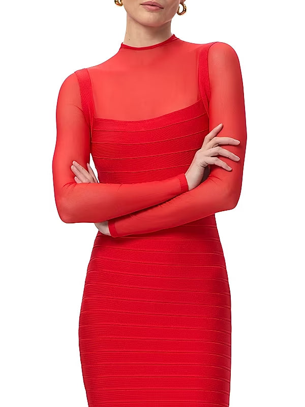 tina Red long-sleeve mesh see-through bandage maxi dress