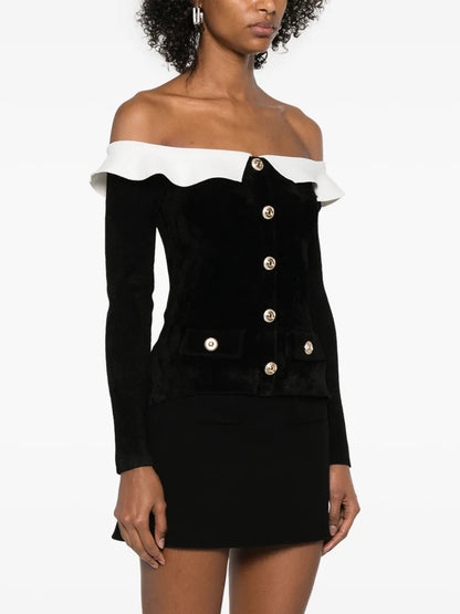 claire chenille knit off shoulder top in black