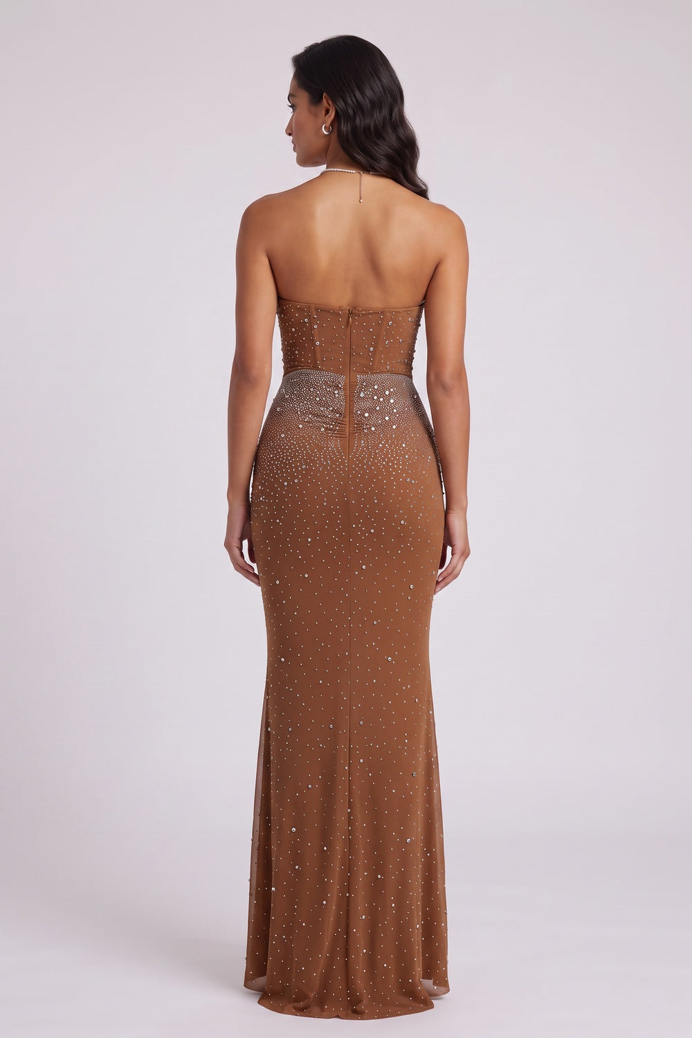 Brown Mesh Fitted Column Gown with Crystal Embellishments brown mesh gown - product view 5