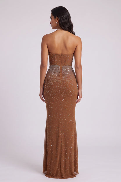 Brown Mesh Fitted Column Gown with Crystal Embellishments brown mesh gown - product view 5